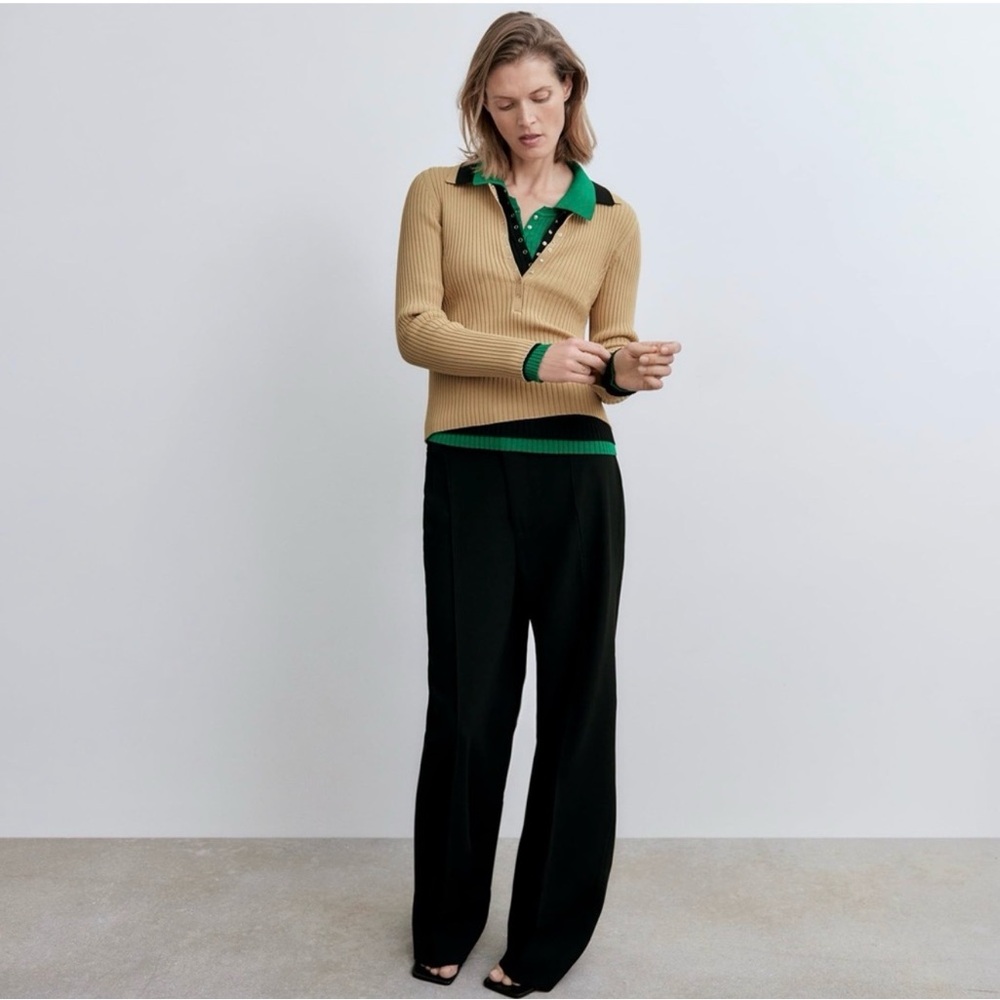ZARA Ribbed Knit Polo Camel Size Small - Picture 5 of 12